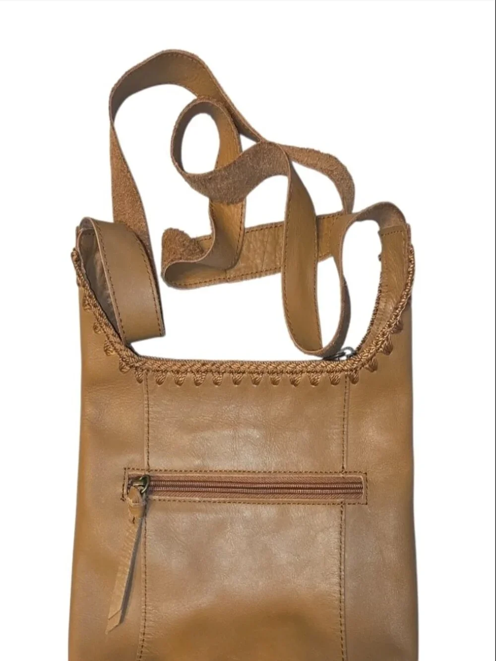The Sak Asher Leather Crossbody Bag Neutral Tan Soft Strap Stitched Crochet Trim